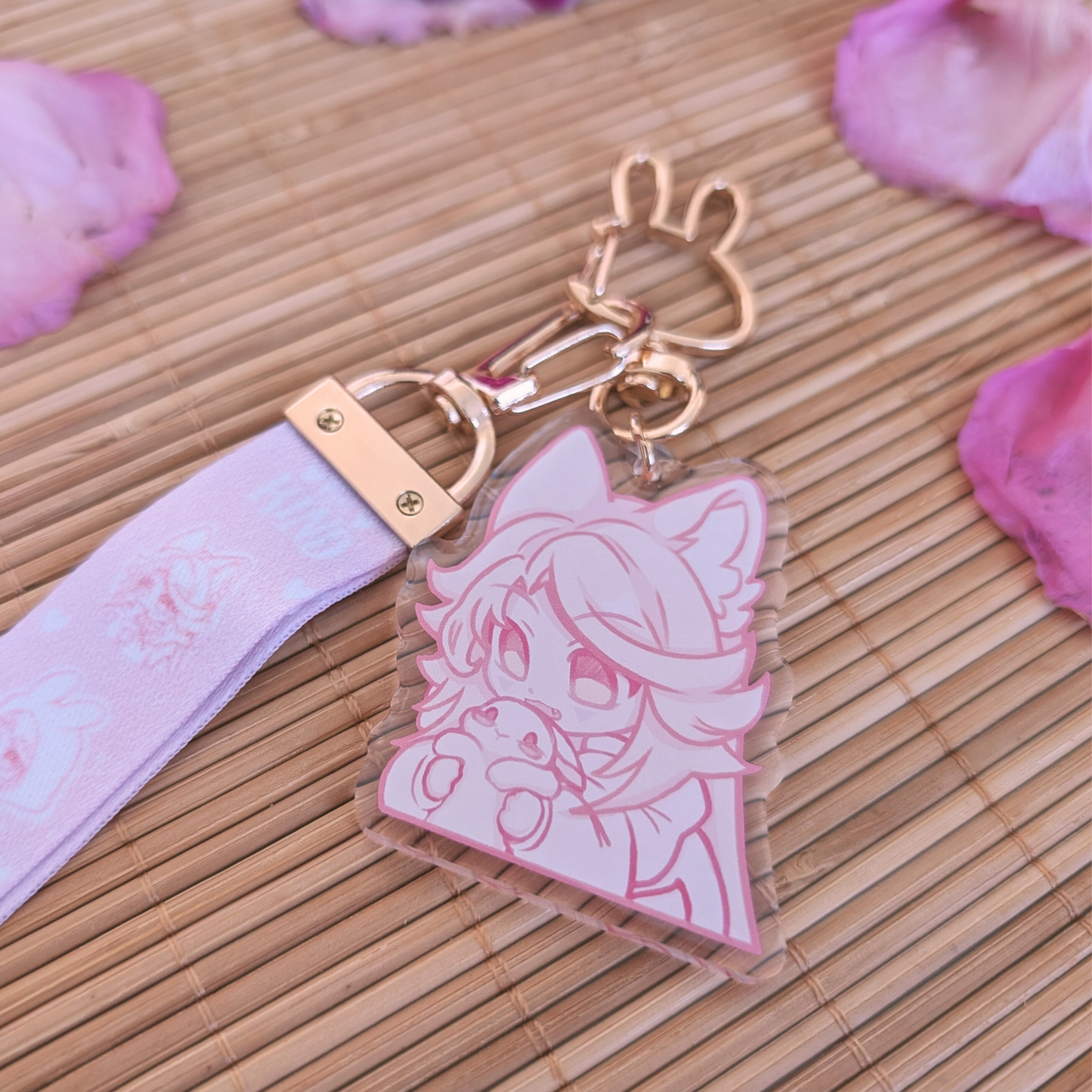 Rosa Schlüsselband mit Acryl Anhänger: "Wolf&Bunny"