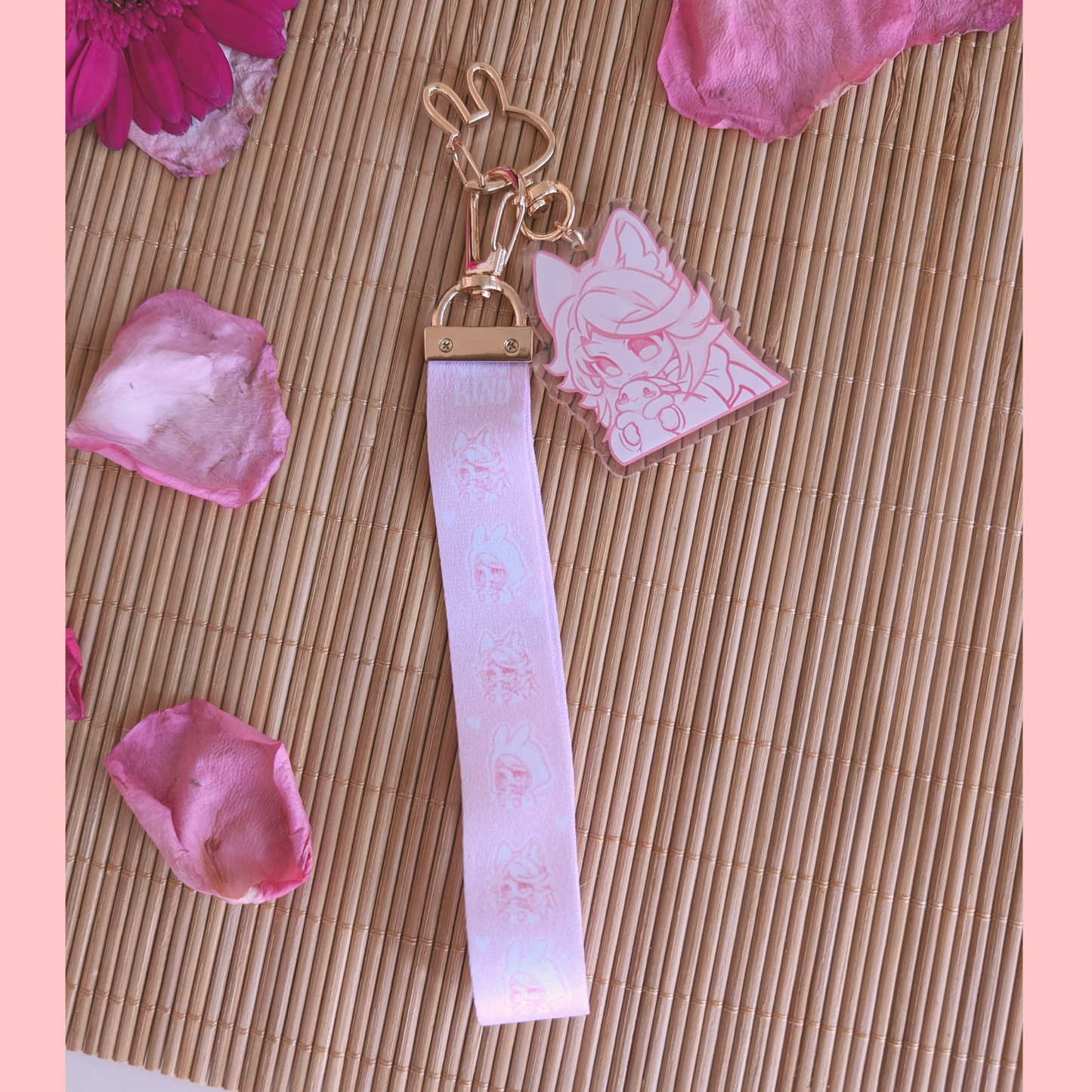 Rosa Schlüsselband mit Acryl Anhänger: "Wolf&Bunny"