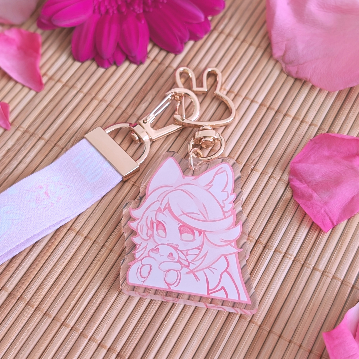 Rosa Schlüsselband mit Acryl Anhänger: "Wolf&Bunny"