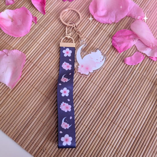 Graues Kirschblüten Schlüsselband mit Acryl Anhänger: "Kirschblütenwolf"